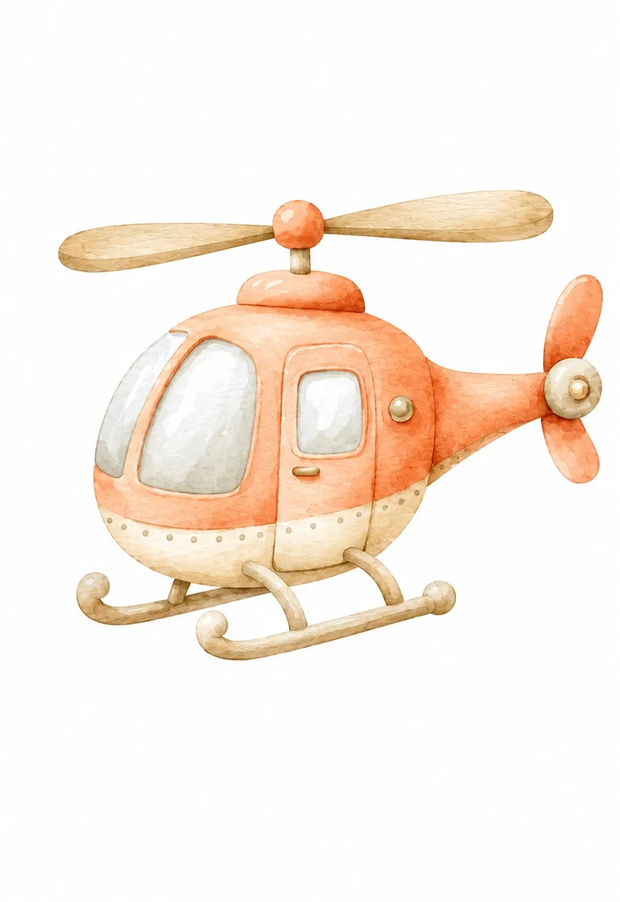 Helicóptero de juguete naranja y crema con hélices de madera y patines beige, acuarela sobre fondo blanco