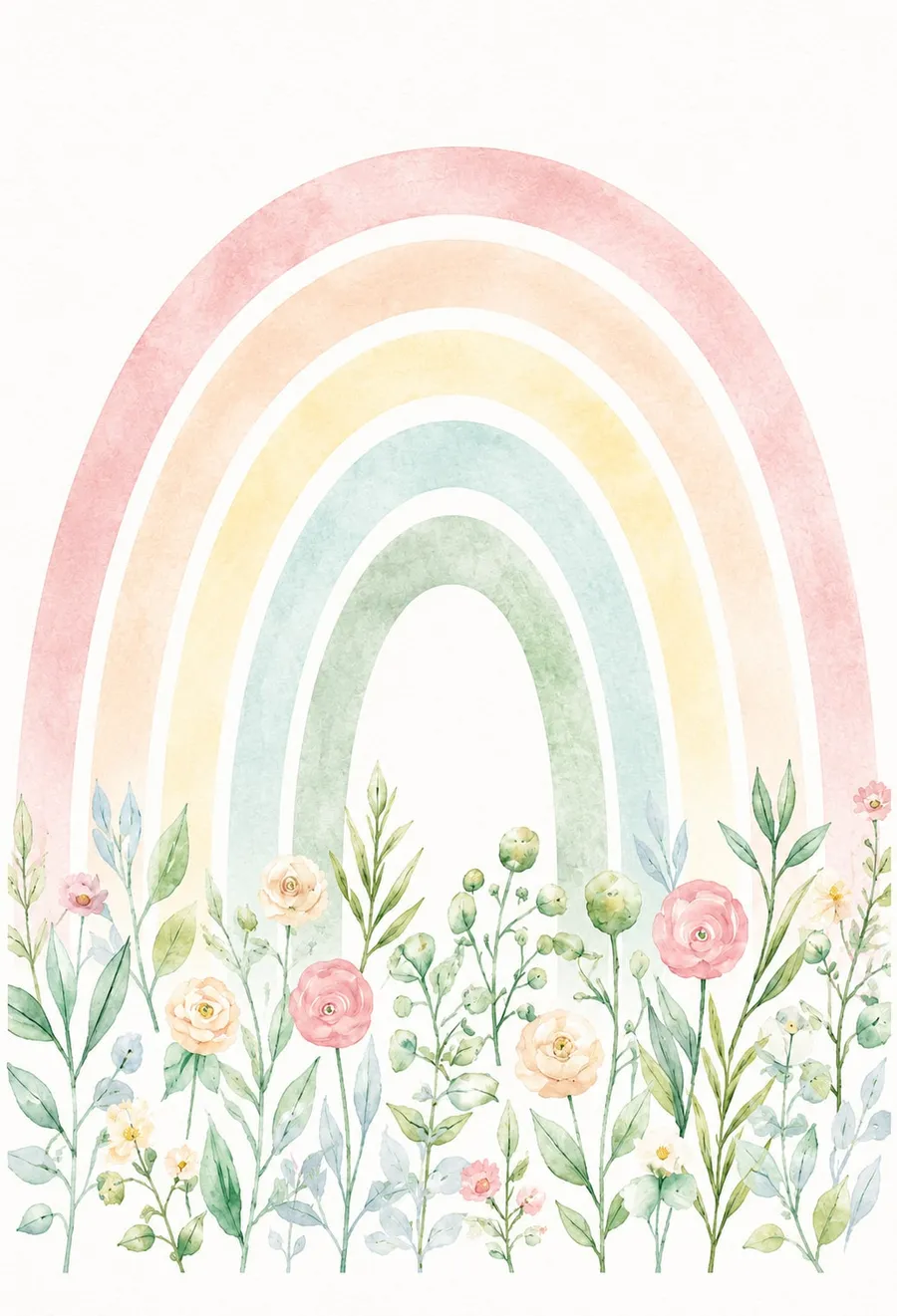 Arcoíris de arcos pastel (rosa, durazno, amarillo, celeste y verde) que se levanta detrás de un prado de rosas, ranúnculos y hojas en acuarela suave