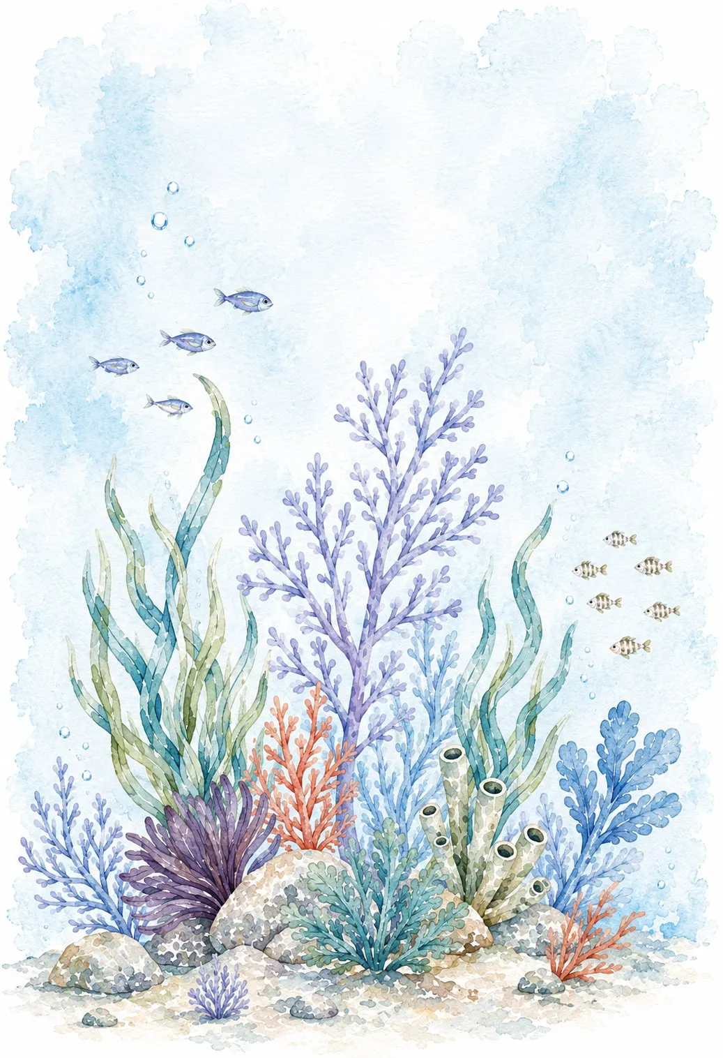 Jardín submarino de corales, algas y esponjas en lila, verde y naranja sobre rocas, con pececitos rayados, acuarela pastel