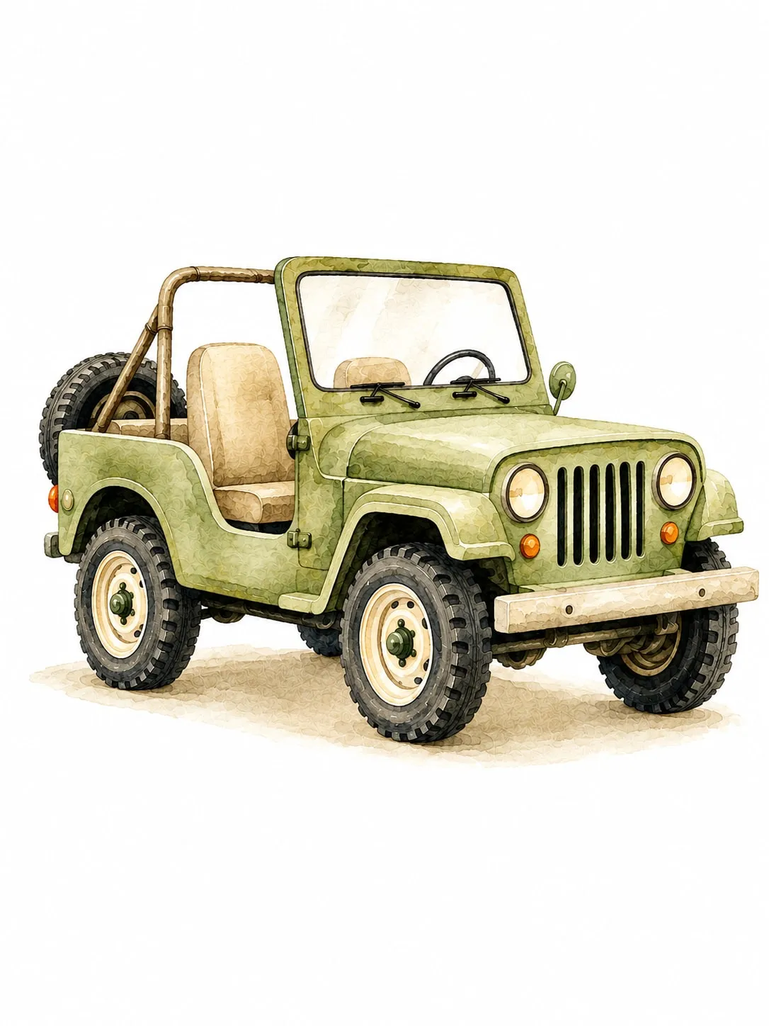 Jeep verde claro descapotado con barra antivuelco y parrilla de siete ranuras, acuarela sobre fondo blanco