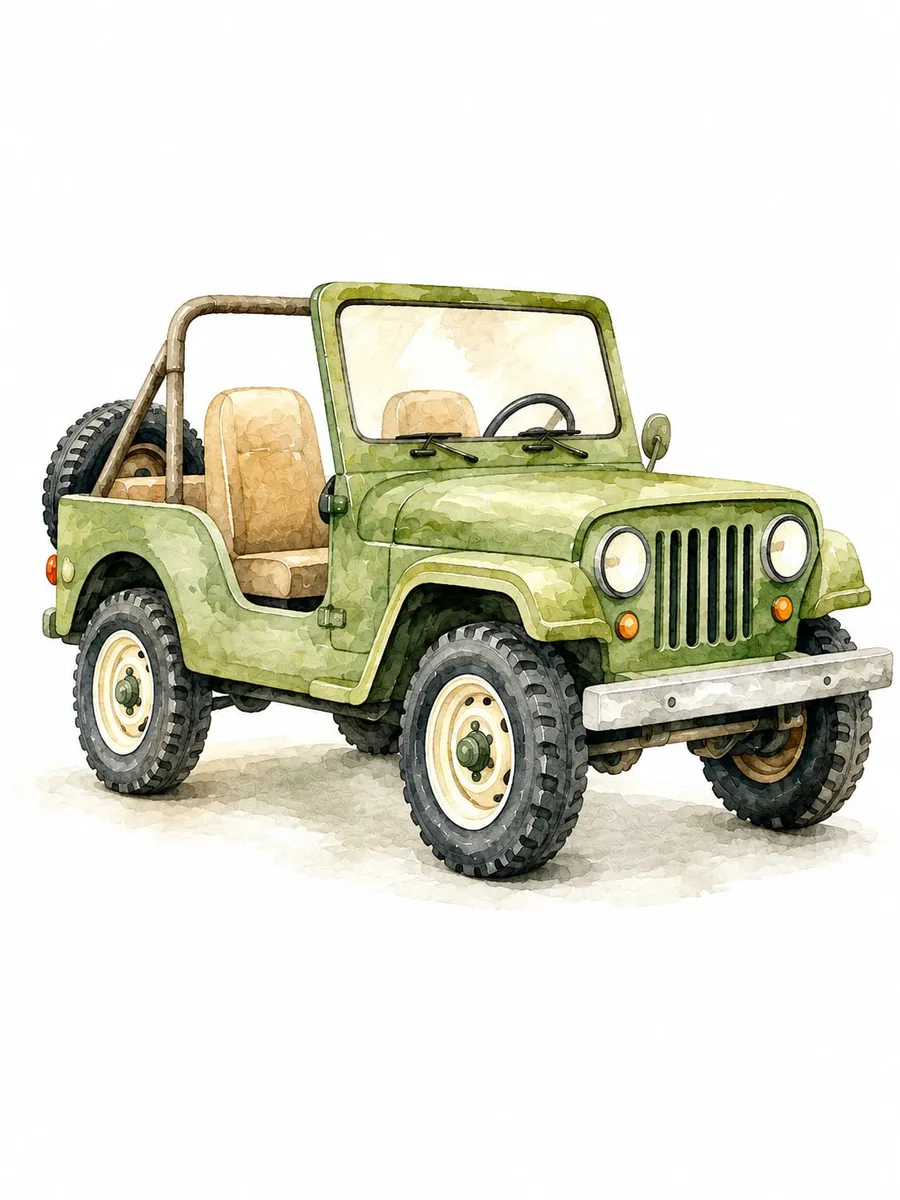 Jeep verde oliva descapotado con rueda de repuesto y asientos beige, acuarela sobre fondo blanco