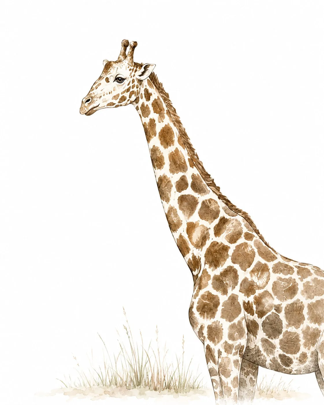 Primer plano de una jirafa de medio cuerpo, con el cuello largo y la cabeza de perfil sobre un matorral de pasto seco, dibujo en blanco y negro con manchas sepia.