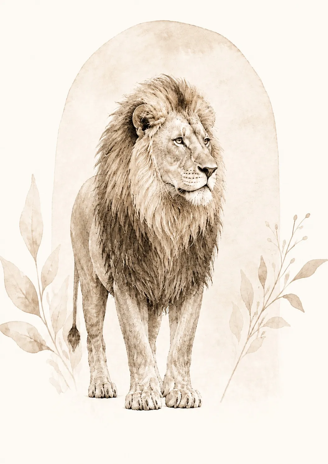 León en tinta sepia, de cuerpo completo bajo un arco pálido de fondo