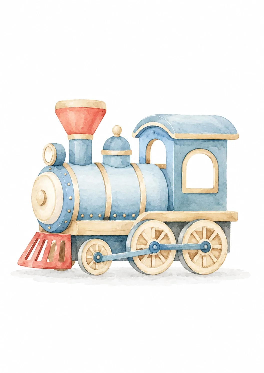 Locomotora de vapor de juguete azul con chimenea y quitapiedras rojos, acuarela sobre fondo blanco
