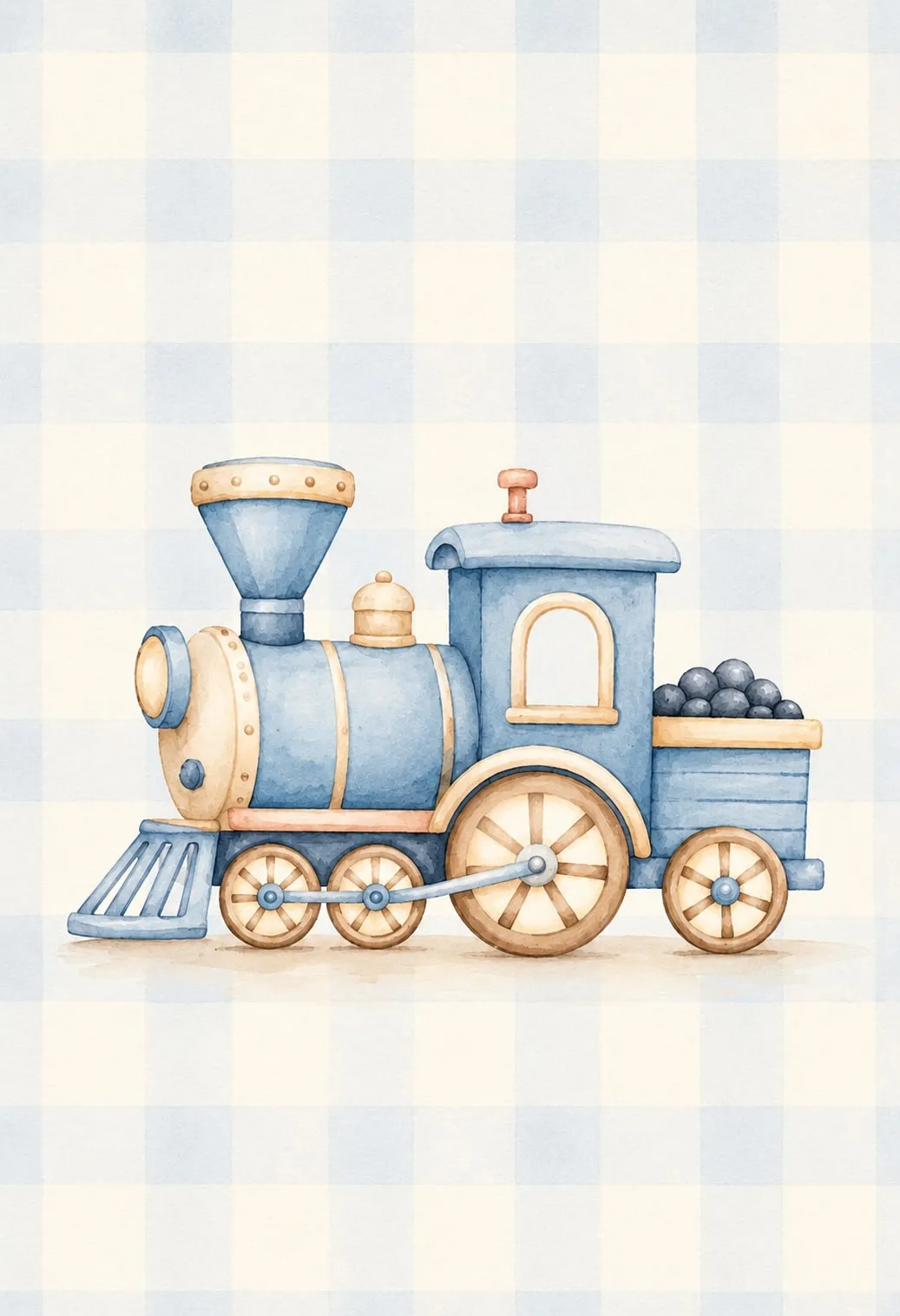 Locomotora de vapor de juguete azul y beige cargada de carbón, sobre fondo de cuadros celestes tipo vichy