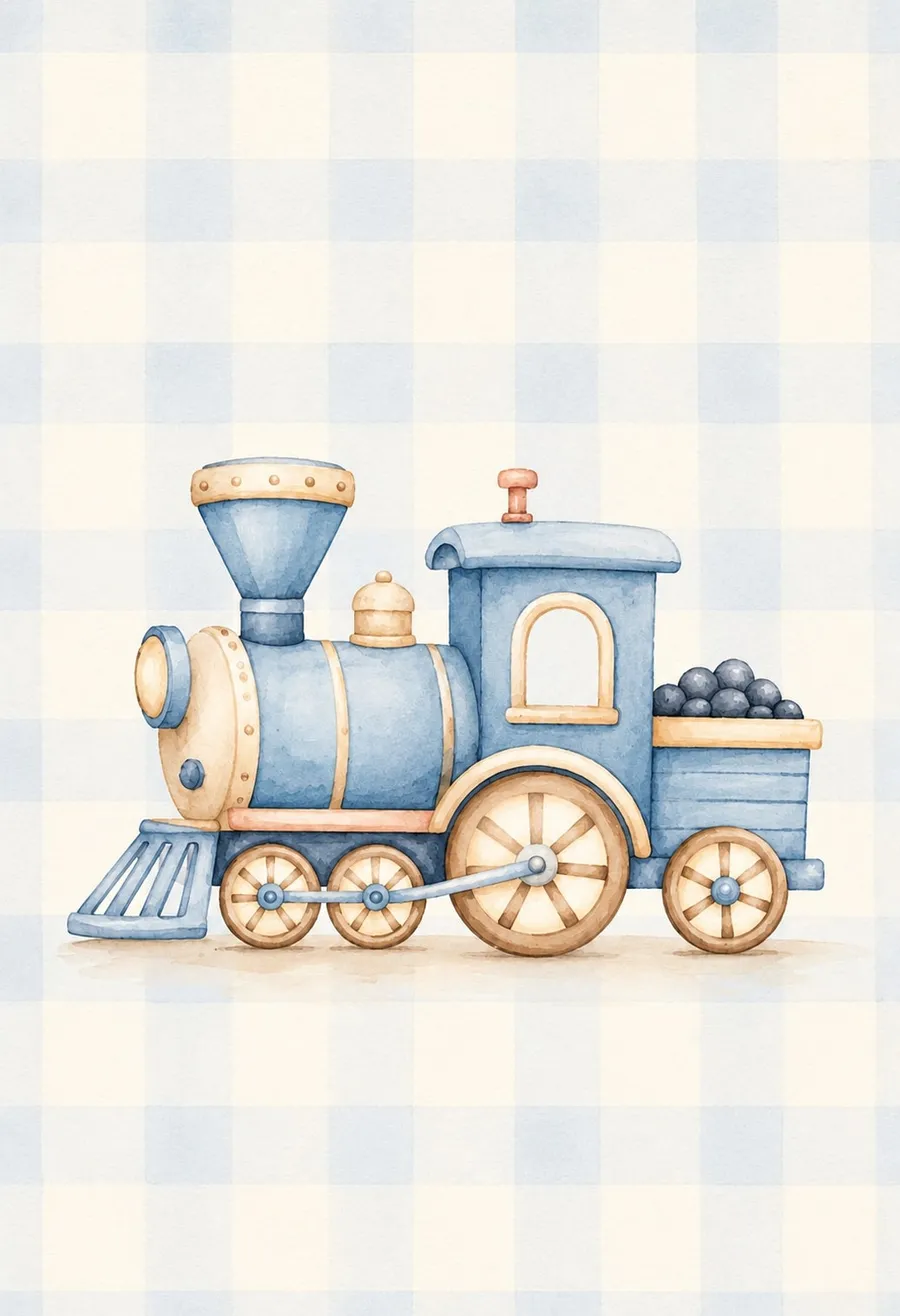 Locomotora de vapor de juguete azul y beige cargada de carbón, sobre fondo de cuadros celestes tipo vichy
