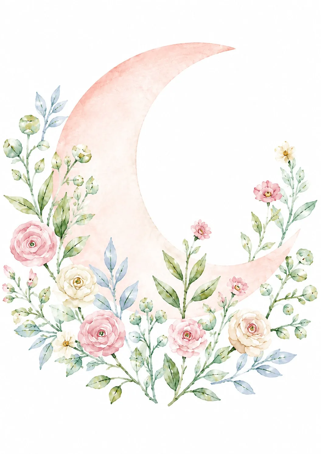 Luna creciente rosa empolvado abrazada por una media corona de rosas, margaritas y follaje verde y celeste en acuarela pastel