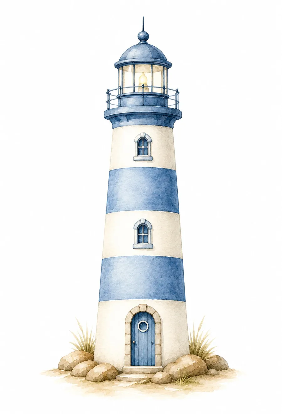 Faro de franjas azules y blancas con la linterna encendida en luz cálida, rodeado de rocas y pasto seco, en acuarela de tonos suaves.