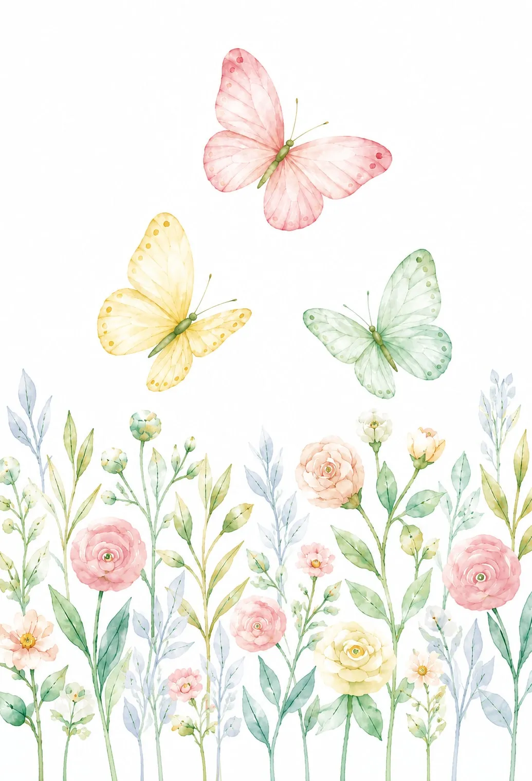 Tres mariposas de acuarela —rosa, amarilla y verde menta— revoloteando sobre una franja de rosas y tallos pastel