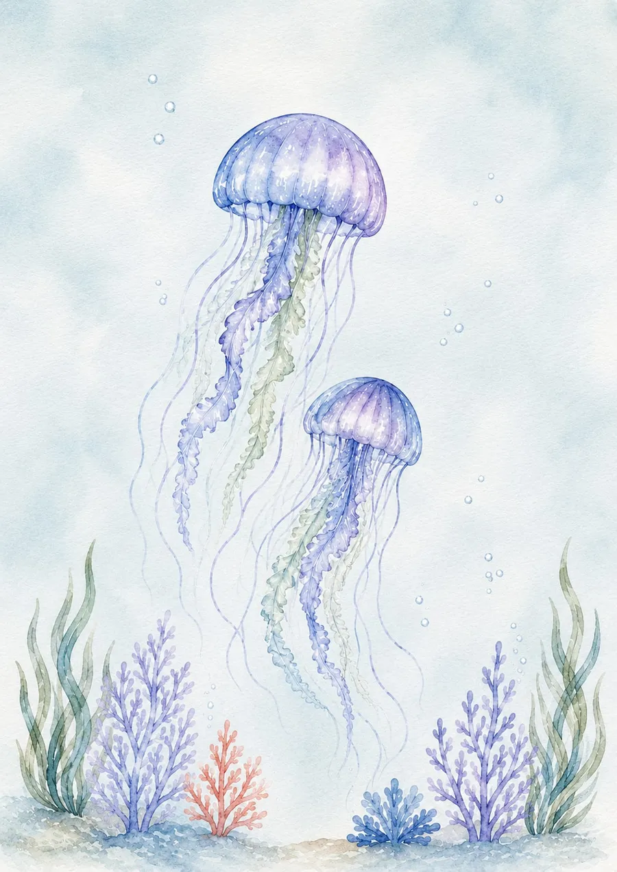 Dos medusas lila y azul flotando con tentáculos ondulantes sobre un lecho de corales, acuarela pastel