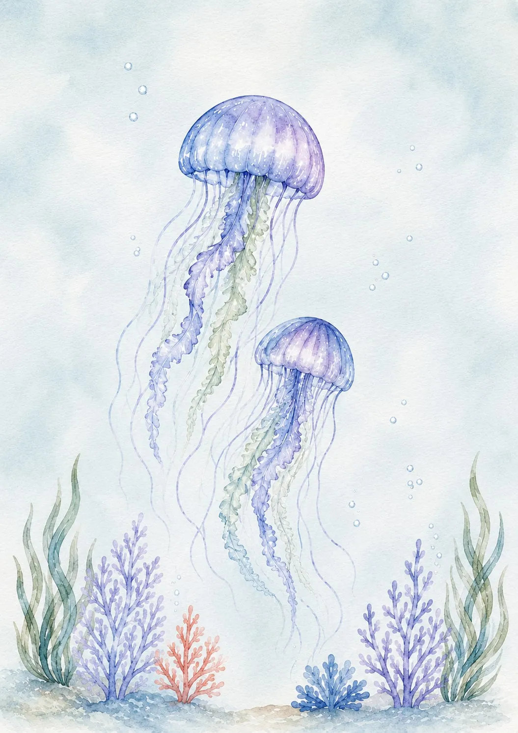 Dos medusas lila y azul flotando con tentáculos ondulantes sobre un lecho de corales, acuarela pastel