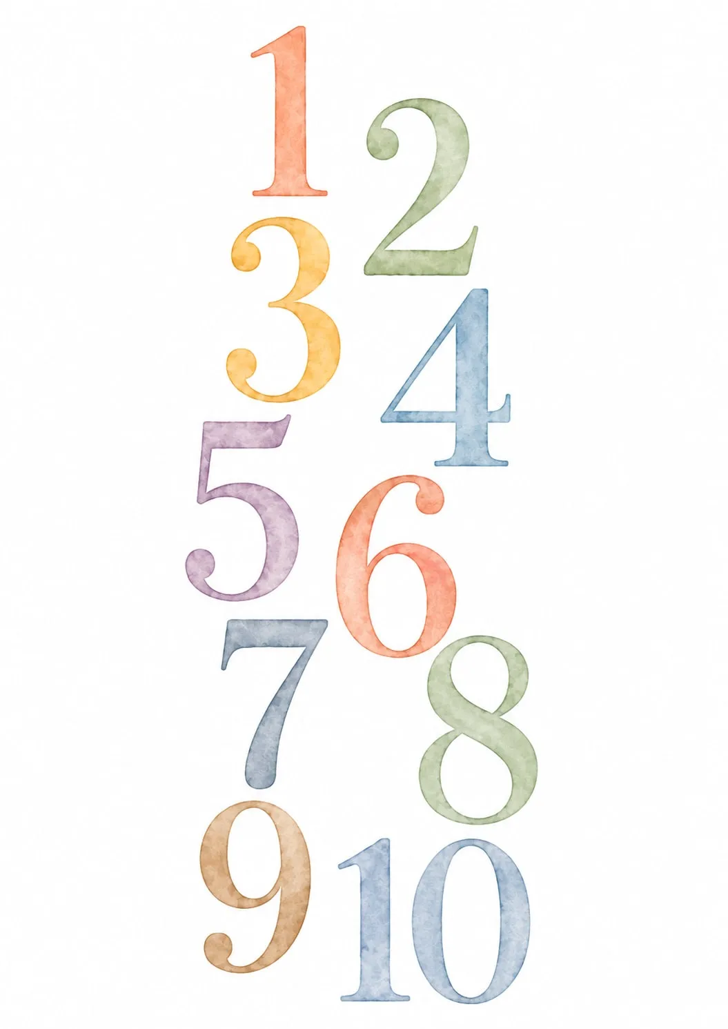Números del 1 al 10 en acuarela pastel serif que descienden en zigzag alternado sobre fondo blanco, en tonos coral, verde oliva, amarillo, lila y azul