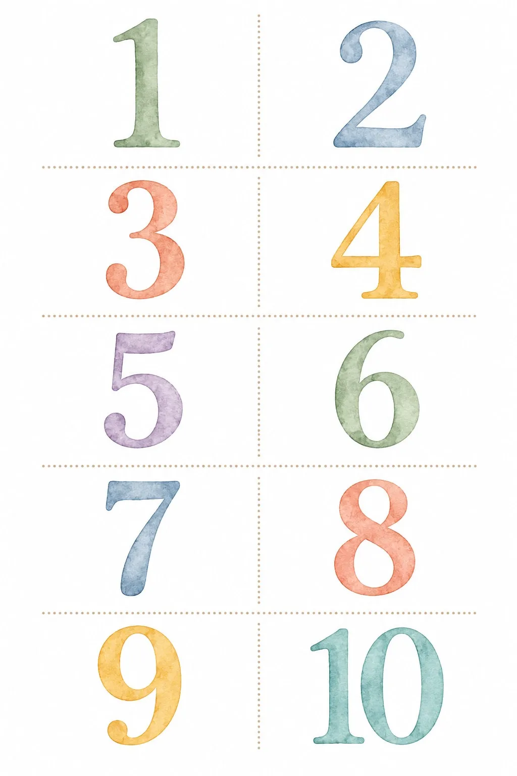 Números del 1 al 10 en acuarela pastel ordenados en una cuadrícula de dos columnas por cinco filas separadas por líneas punteadas beige, estilo tarjetas recortables