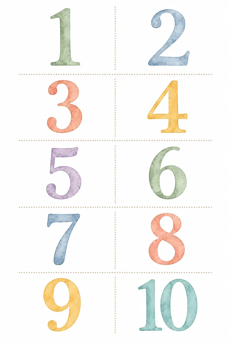 Números del 1 al 10 en acuarela pastel ordenados en una cuadrícula de dos columnas por cinco filas separadas por líneas punteadas beige, estilo tarjetas recortables