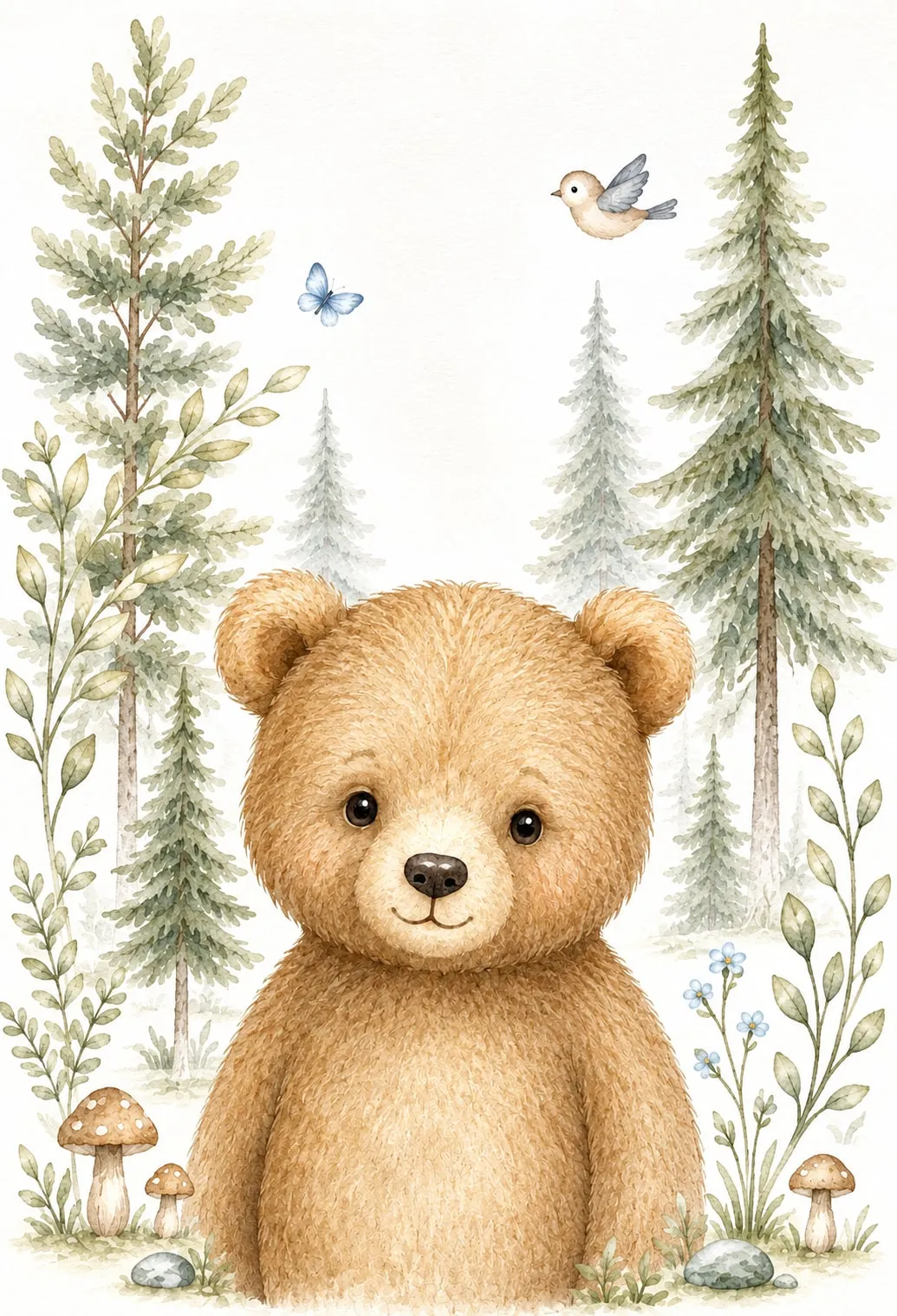 Retrato de un osezno de aire de peluche que sonríe mientras un pajarito vuela sobre él junto a una mariposa azul, entre abetos, flores celestes y hongos, acuarela en café miel y verdes claros