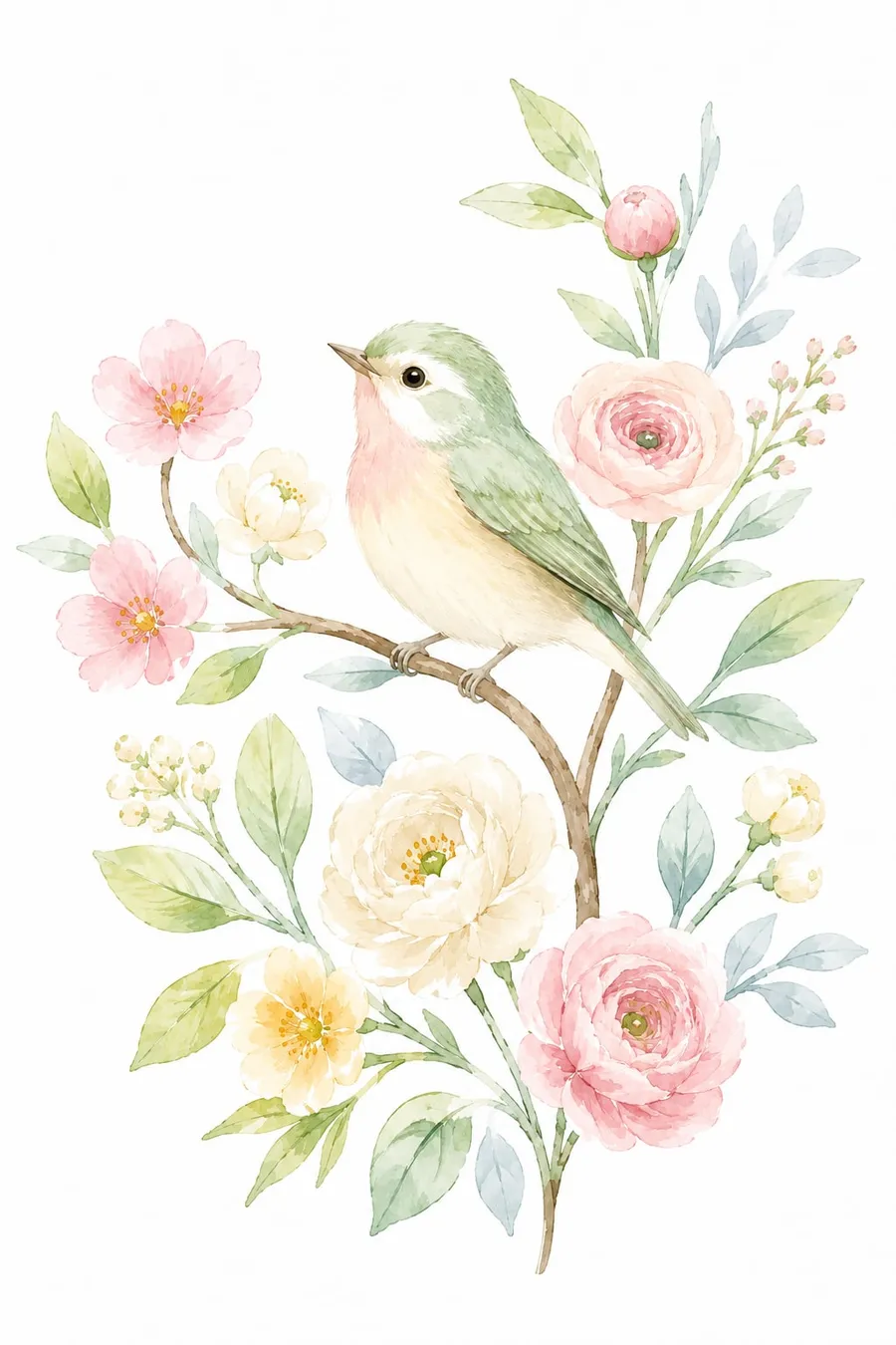 Pajarito de plumaje verde salvia y pecho rosado posado en una rama florida con peonías crema, ranúnculos rosa y flores de cerezo en acuarela
