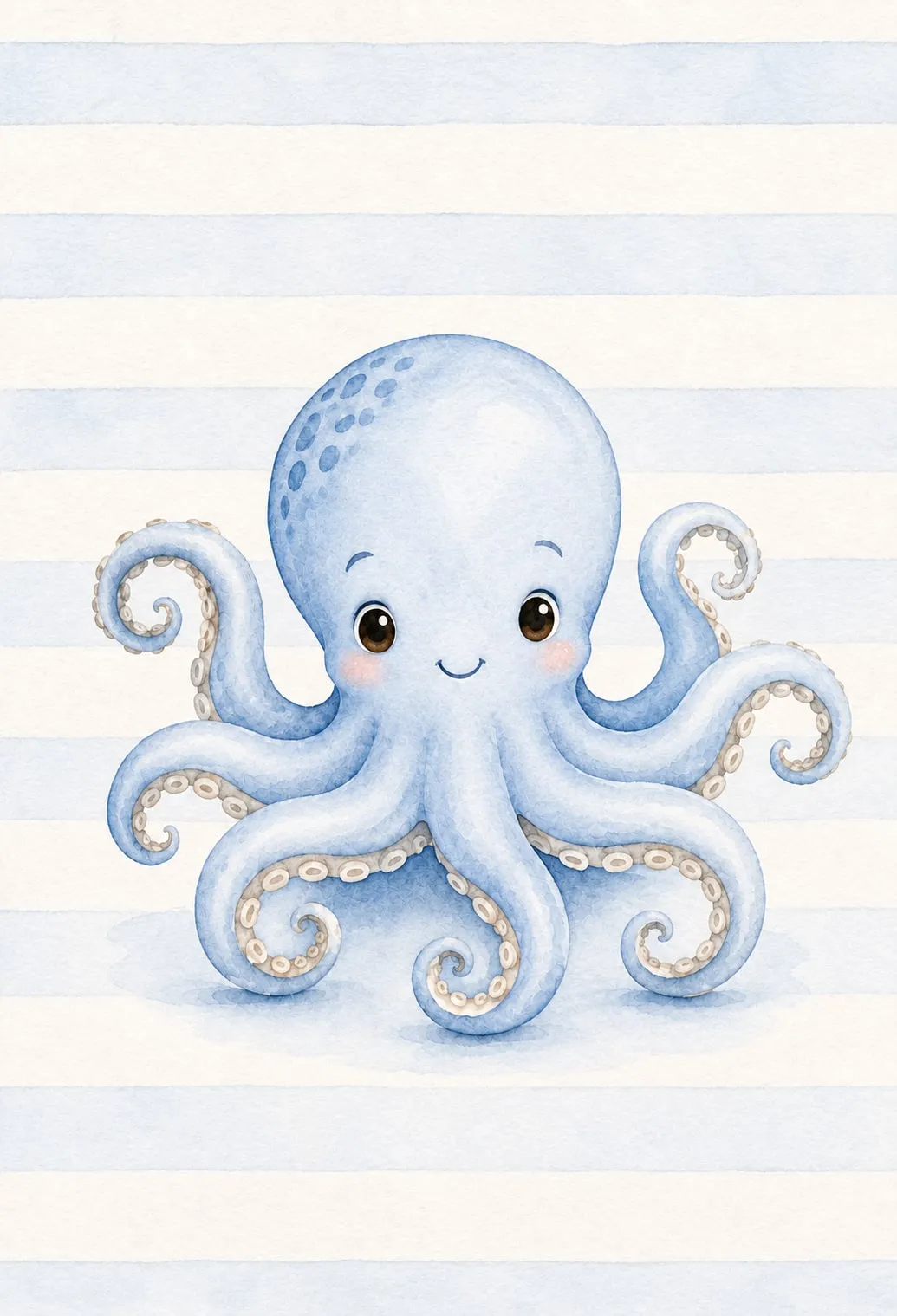 Pulpito celeste sonriente con mejillas rosadas y tentáculos enroscados, dibujo de trazo redondeado sobre fondo de franjas marineras celestes y crema