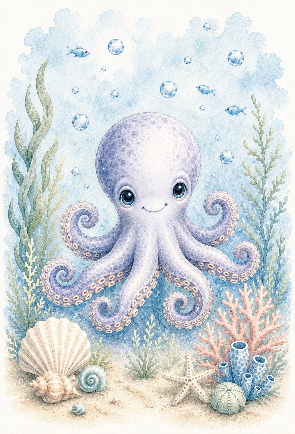 Pulpito lavanda sonriente nadando con los tentáculos enroscados frente a un fondo azul con peces y burbujas, acuarela pastel