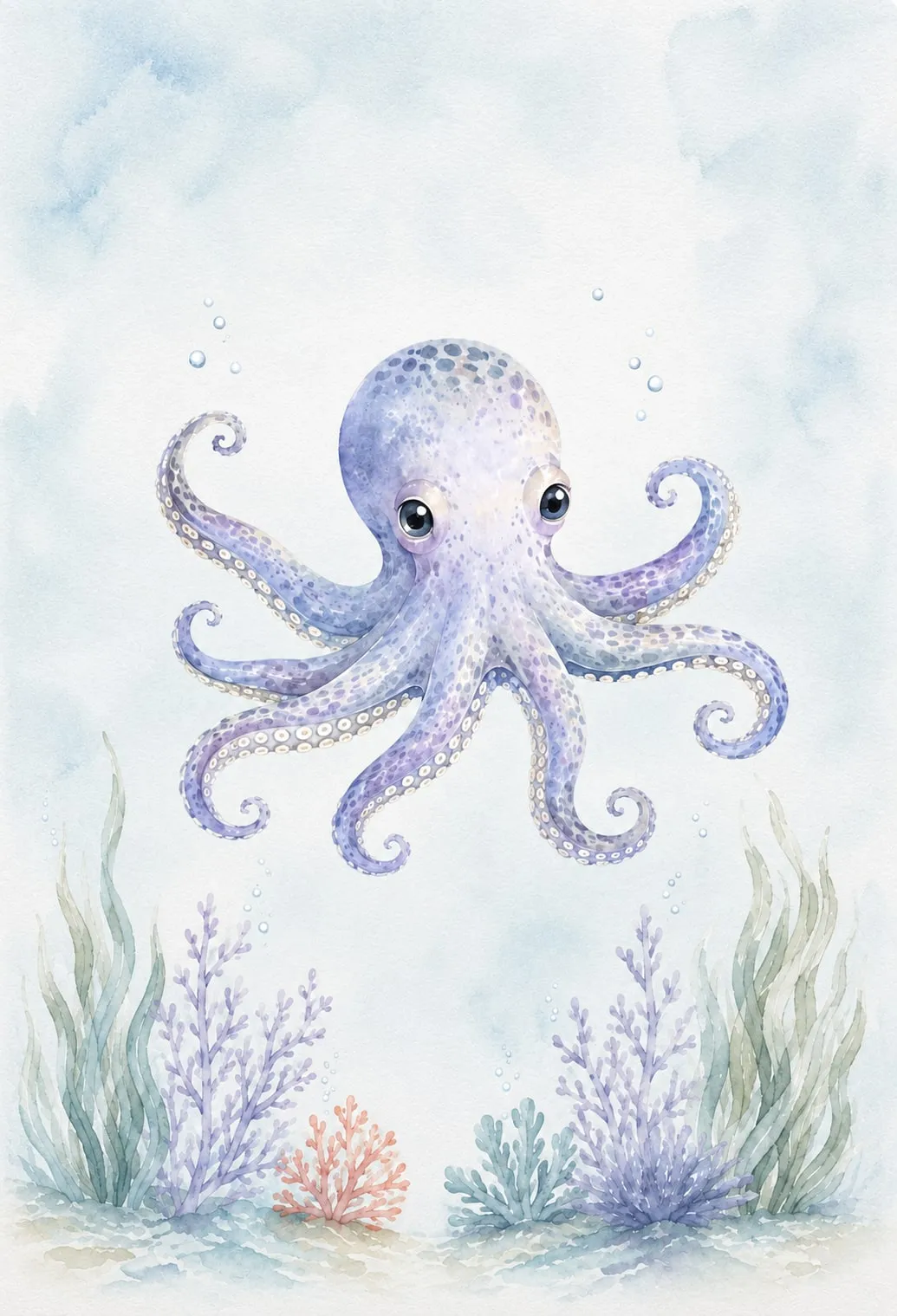 Pulpo lavanda moteado flotando con los tentáculos rizados sobre un jardín de algas y coral, acuarela pastel
