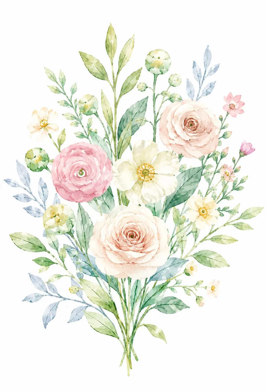 Ramo de acuarela con rosas crema y rosadas, una anémona blanca y florecitas amarillas sobre tallos verdes y hojas azul grisáceo