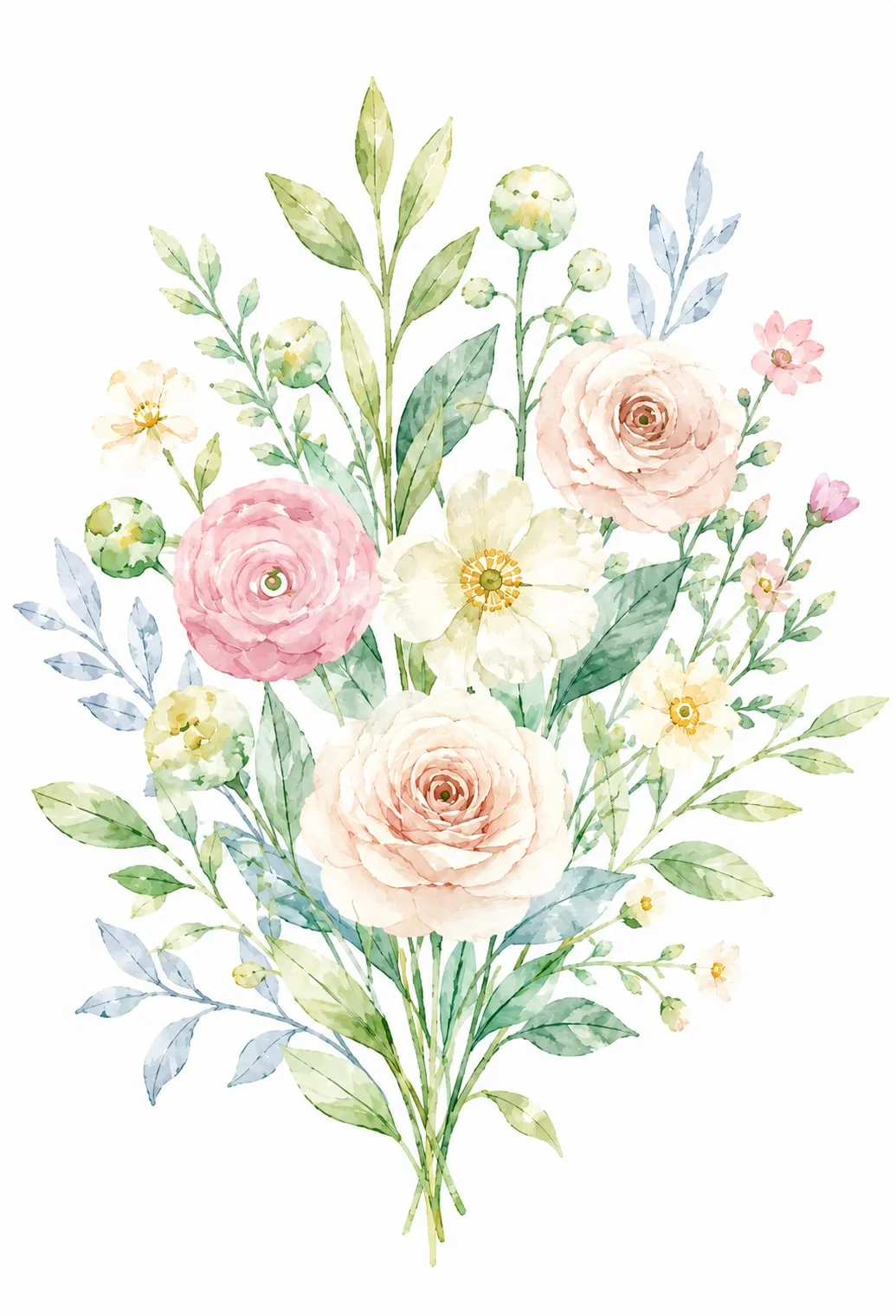 Ramo de acuarela con rosas crema y rosadas, una anémona blanca y florecitas amarillas sobre tallos verdes y hojas azul grisáceo