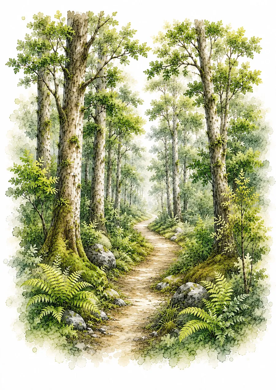 Sendero de tierra que se interna entre árboles altos y musgosos flanqueado por helechos y rocas, acuarela luminosa en verdes y dorados