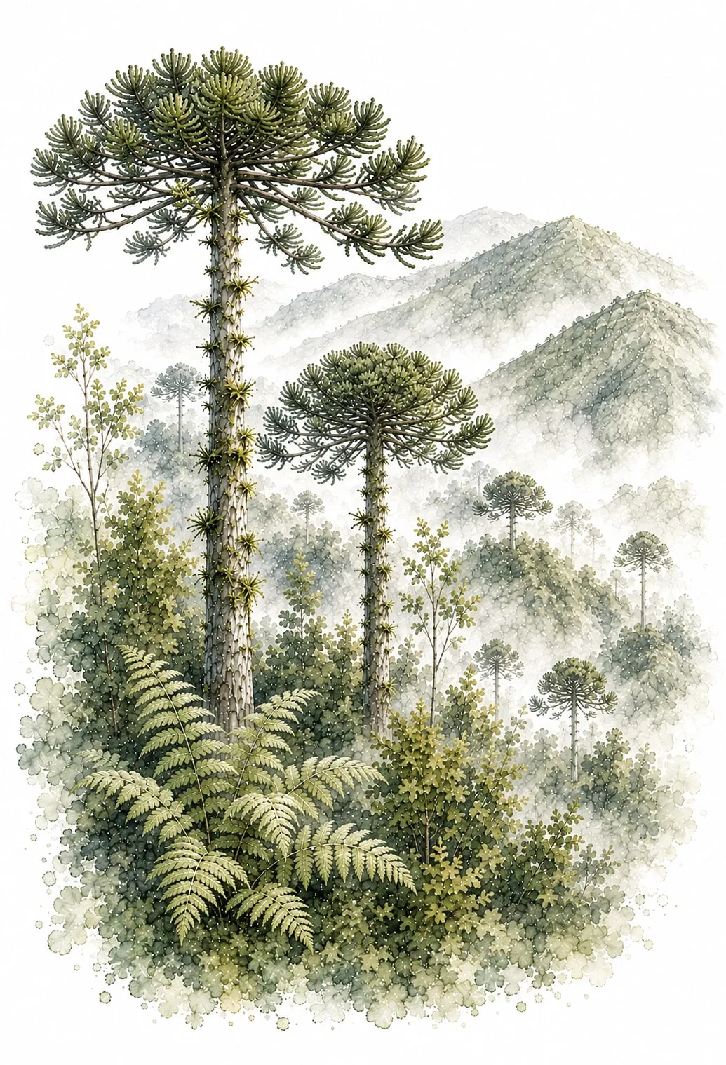 Dos araucarias altas se alzan sobre helechos y matorral, con cerros brumosos salpicados de más araucarias al fondo, acuarela en verdes grisáceos