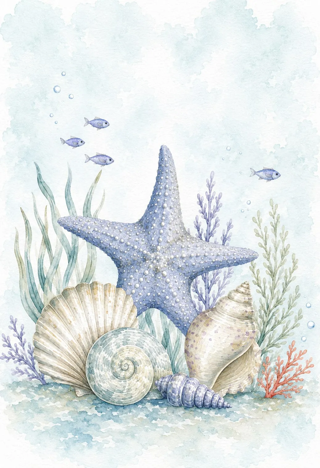 Bodegón marino con estrella de mar azul, vieira, caracol espiral y caracolas entre algas sobre la arena, acuarela pastel