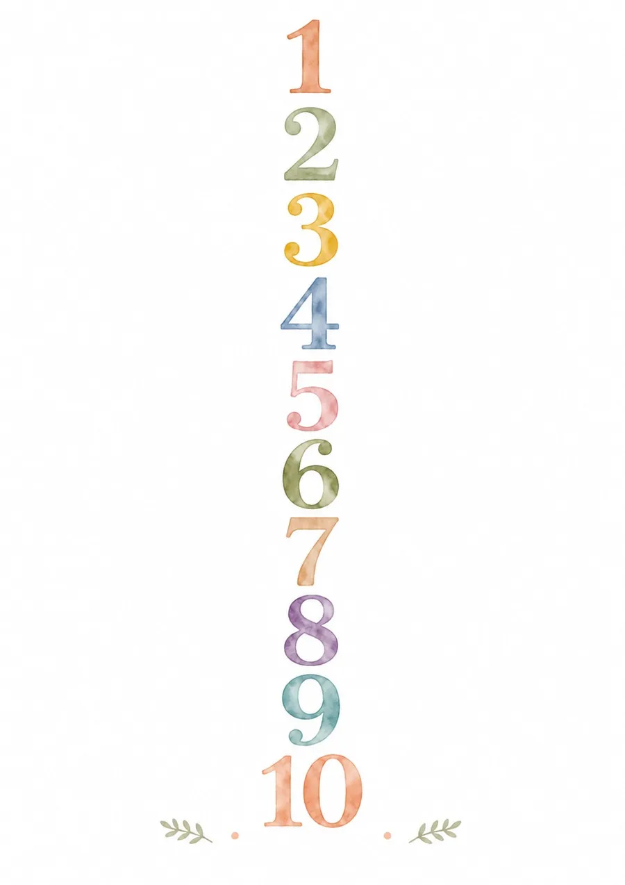 Números del 1 al 10 apilados en una sola columna vertical de acuarela multicolor, rematada abajo con dos ramitas de hojas verdes y puntos decorativos