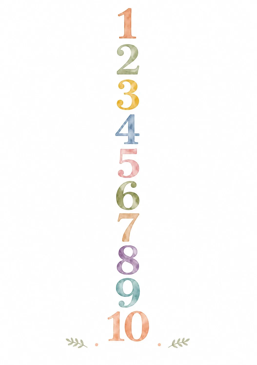 Números del 1 al 10 apilados en una sola columna vertical de acuarela multicolor, rematada abajo con dos ramitas de hojas verdes y puntos decorativos