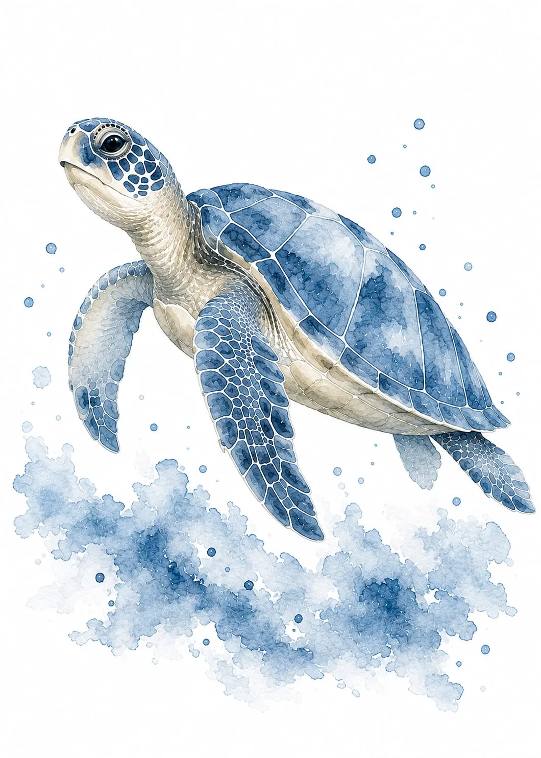 Tortuga marina nadando entre burbujas y espuma, caparazón azul y beige en acuarela sobre fondo blanco