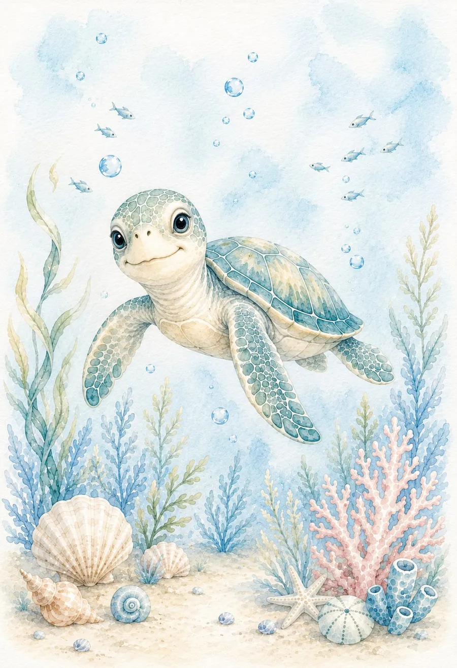 Tortuguita sonriente nadando de perfil sobre un fondo marino con coral rosado, conchas y pececitos, acuarela pastel