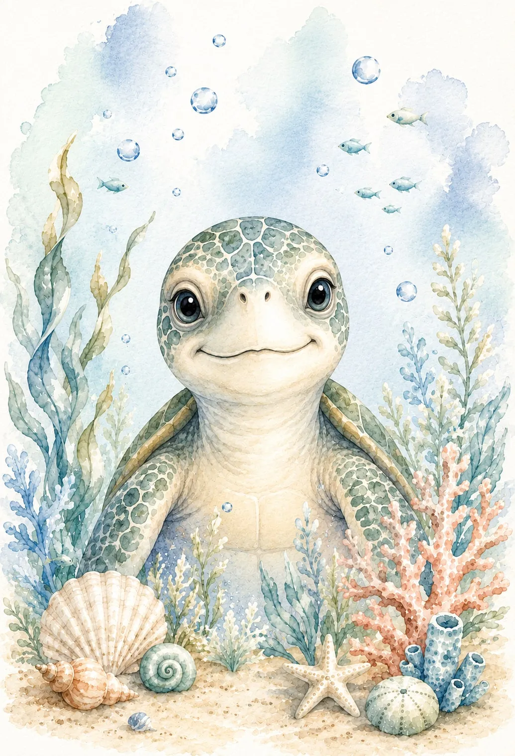 Tortuguita sonriente de frente sobre la arena rodeada de algas, corales y una estrella de mar, acuarela pastel