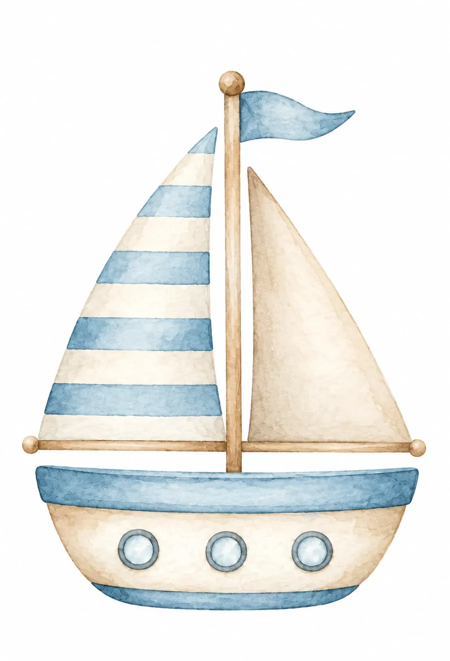 Velero de casco crema con franjas azules, vela a rayas anchas y vela beige, acuarela sobre fondo blanco
