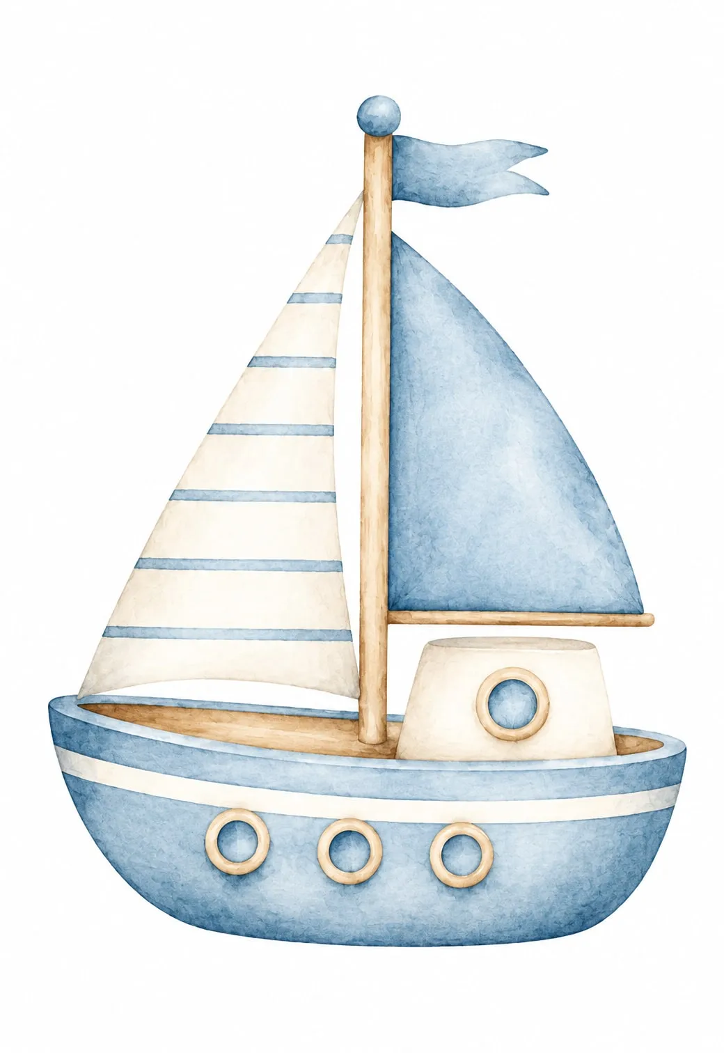 Velero azul con cabina crema y ojos de buey, vela a rayas y vela azul, acuarela sobre fondo blanco