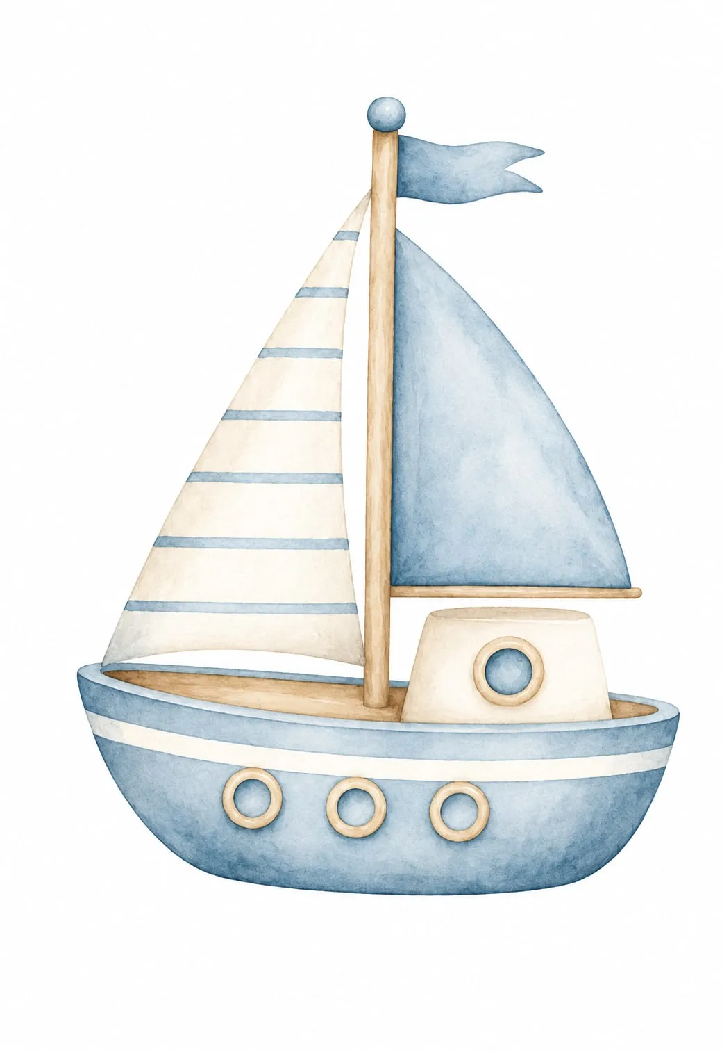 Velero azul con cabina crema, tres ojos de buey, vela a rayas y vela azul con banderín, acuarela sobre fondo blanco