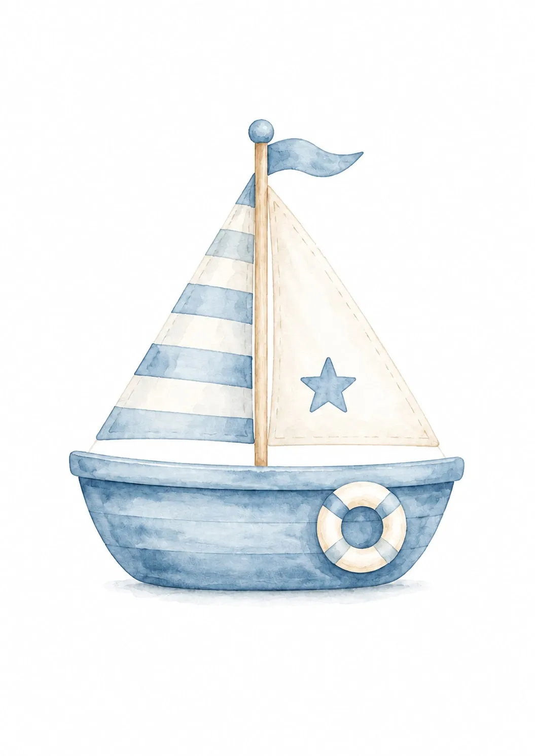 Velero de juguete azul con vela a rayas, estrella en la vela crema y salvavidas en el casco, acuarela sobre fondo blanco